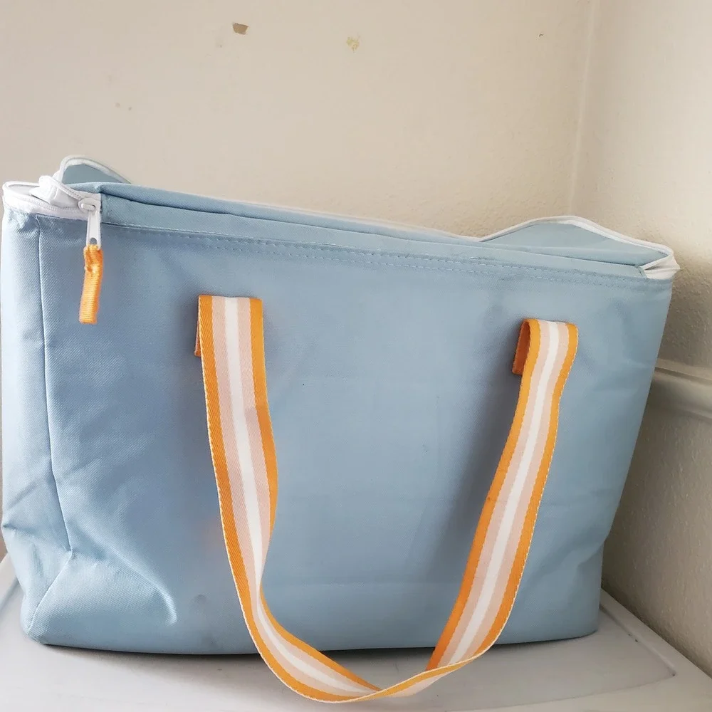 Aldi Insulated Cooler Tote Bag Light Blue Orange Striped Large Grocery Picnic